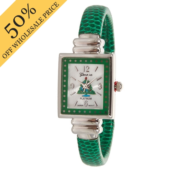 Wholesale silver cuff watch wrapped evergreen band christmas tree icon center