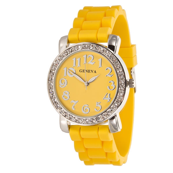 Wholesale yellow Large Silicone stone rubber watch band crystal rhinestones surr