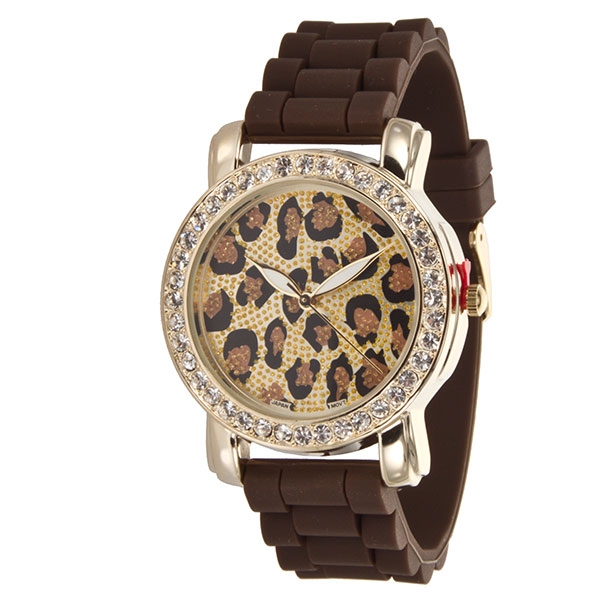Wholesale chocolate silicone watch large inch leopard print crystal rhinestones