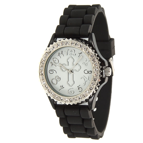 Wholesale black silicone watch inch cross center crystal rhinestones