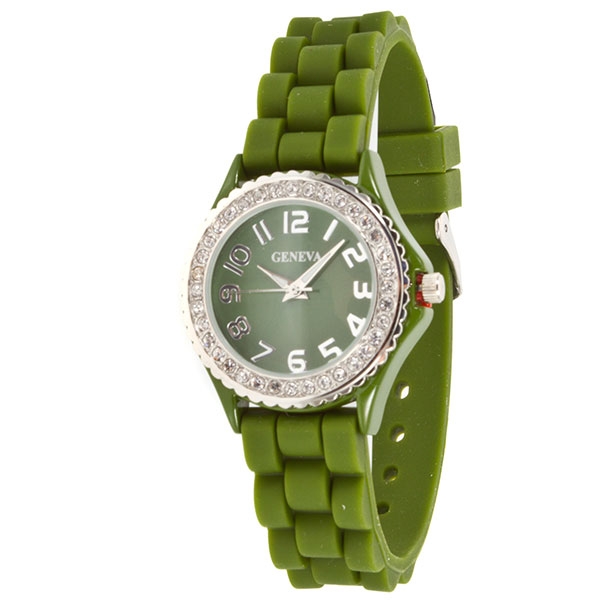 Wholesale camo green petite Silicone watch band crystal rhinestones surrounding