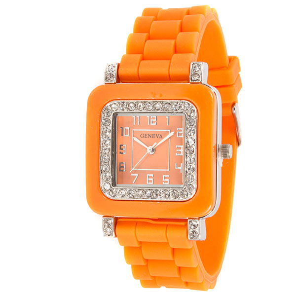 Wholesale orange silicone watch square inch framed crystal rhinestones