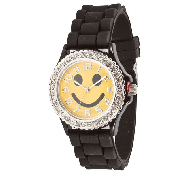 Wholesale black Silicone watch band crystal rhinestones surrounding yellow smile