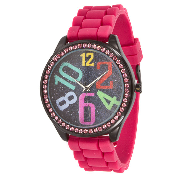 Wholesale hot pink large silicone watch pink rhinestones surrounding large inch