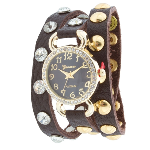 Wholesale brown wrap watch Polished gold gold studs crystal rhinestones