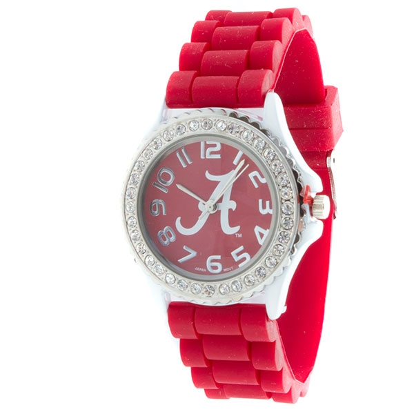 Wholesale crimson Silicone watch band crystal rhinestones surrounding white Alab