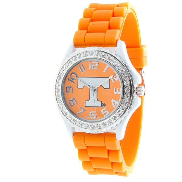 Wholesale orange Silicone watch band crystal rhinestones surrounding white Tenne