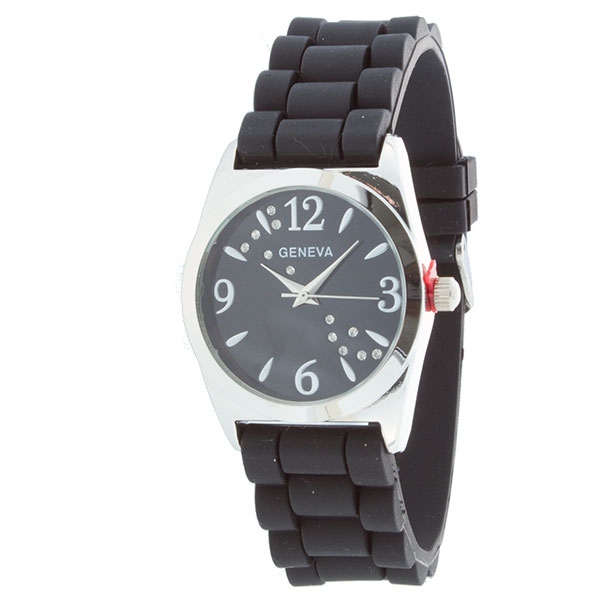 Wholesale black silicone watch silver accents inch round