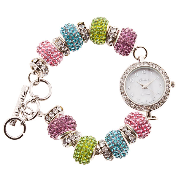 Wholesale silver toned toggle Watch colorful beaded accents round rhinestone