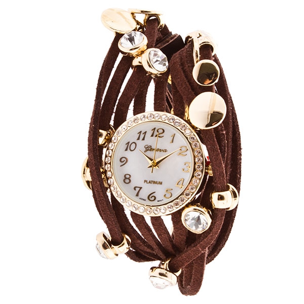 Wholesale brown leather band wrap watch gold toned beads crystal rhinestone bead