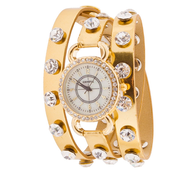 Wholesale metallic gold leather band wrap watch crystal rhinestones