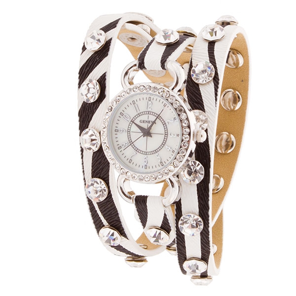 Wholesale zebra print faux leather band wrap watch crystal rhinestones