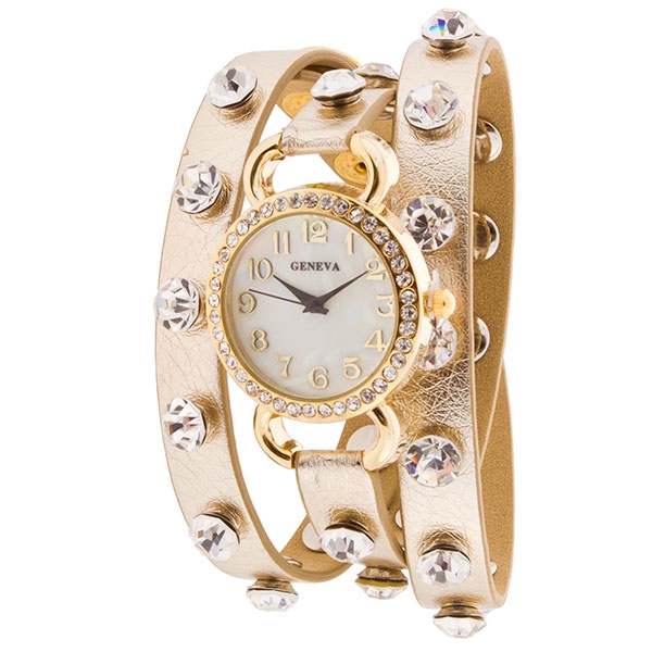 Wholesale metallic soft gold leather wrap band watch crystal rhinestones