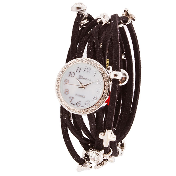 Wholesale brown leather wrap band watch round silver accents crystal rhinestones
