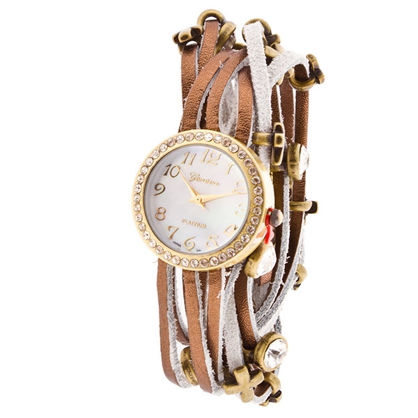 Wholesale leather band wrap watch round gold accents rhinestones