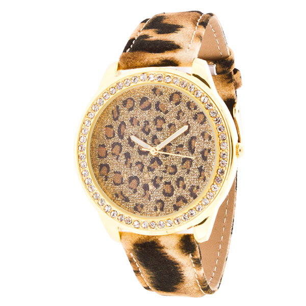 Wholesale leopard print band watch leopard gold accents crystal rhinestones