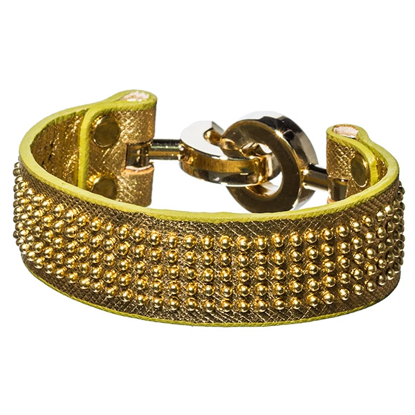 Gold color faux leather bracelet features gold tone multimicro round