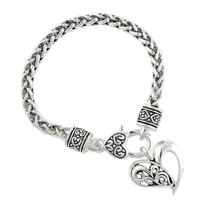 Wholesale polished silver woven chain bracelet filigree decorated heart charm