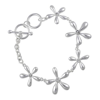 Wholesale fashion Bracelet Polished Silver Flowers Clear Rhinestones Adjustable