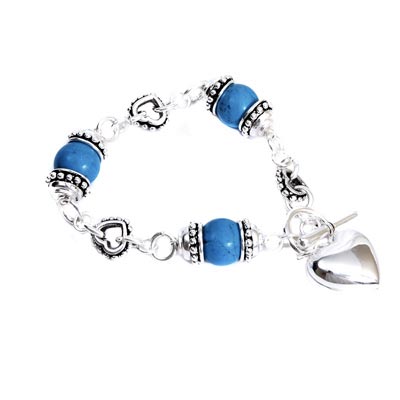 Wholesale blue Turquoise Silver Accents Heart Charm Bracelet Approx W