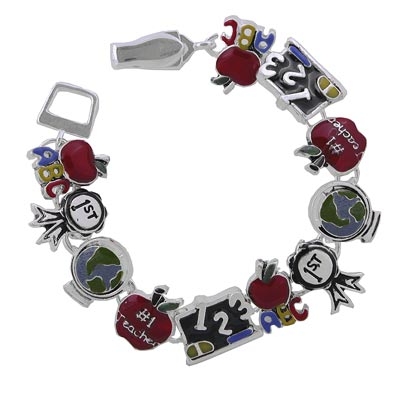 Wholesale teacher Polished Silver Bracelet Appples Ribbons Globe Charms Magnetic