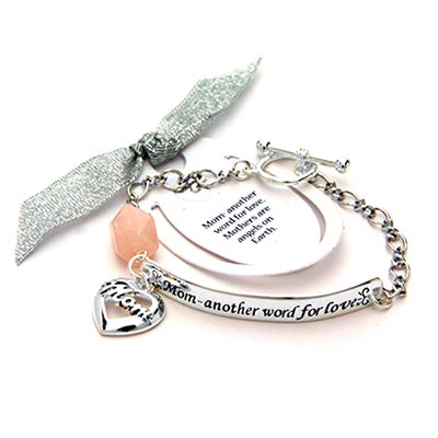 Wholesale mom Polished Silver Charm Bracelet Pink Stone Outer Inscription Reads