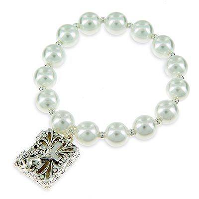 Wholesale inspirational Angel Cross Charm Bracelet Glass Pearls Spacers Stretch
