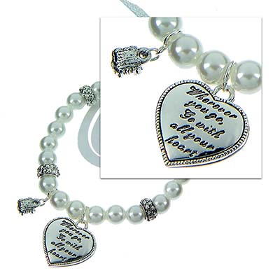 Wholesale inspirational Heart Charm Stretch Band Bracelet Natural Glass Pearls S
