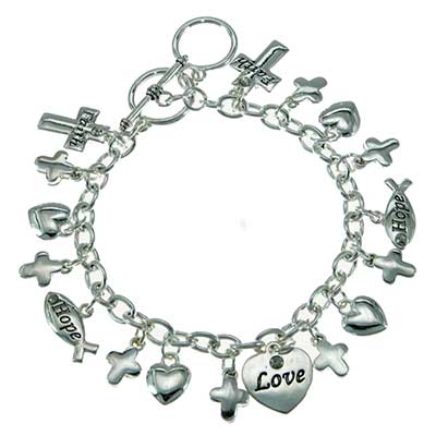 Wholesale inspirational Love Faith Hope Charm Bracelet Polished Silver Heart Cro