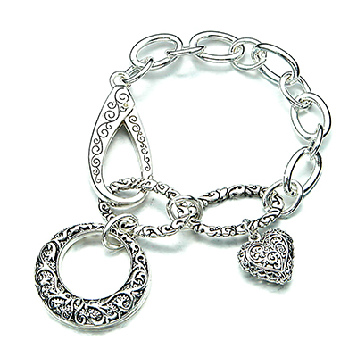 Wholesale heart Charms Filigree Designs Polished Silver Bracelet sized Lobster C