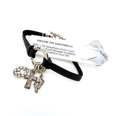 Wholesale inspirational Bracelet Cross Footprints Charms Black Leather like Band