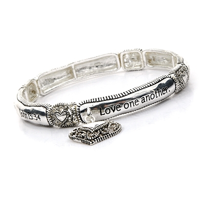 Wholesale inspirational Bracelet Heart Charms Polished Silver Stretch Band Inscr