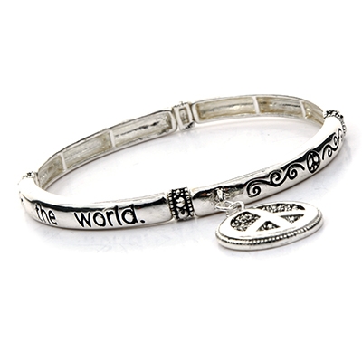 Wholesale inspirational Polished Silver Stretch Band Bracelet Peace Sign Charm I