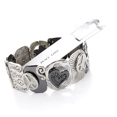 Wholesale peace Love Stretch Band Bracelet Embossed Silver Hematite Metal Hearts