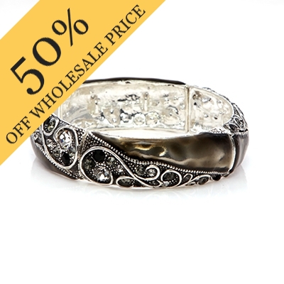 Wholesale polished Silver Bracelet Dark Gray Silver Lacquer Black Clear CZs Stre