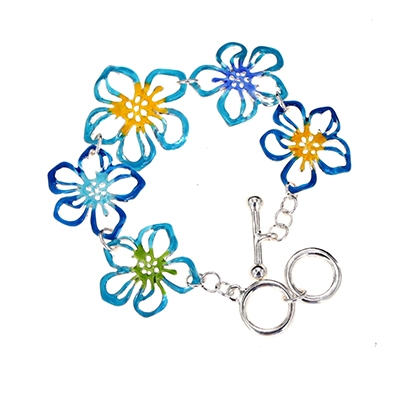 Wholesale multi colored Floral Designs Polished Silver Bracelet Toggle Connectio