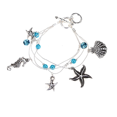 Wholesale teal Glass Beads Shell Sea Horse Fish Charms Polished Silver Bracelet