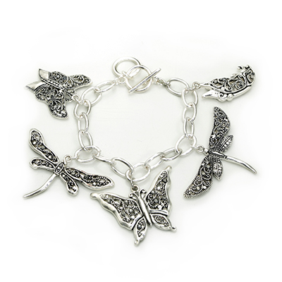 Wholesale butterflies Dragonflies Filigree Matte Silver Bracelet Smokey CZs Chai