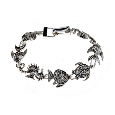 Wholesale fish Turtle Sea Horse Designs Embossed Polished Silver Bracelet Black