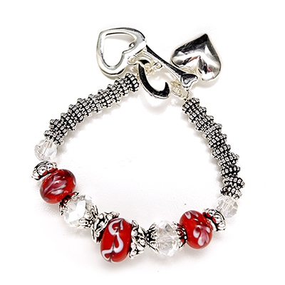 Wholesale polished Silver Bracelet Red Abstract Floral Designs Heart Charm Lead