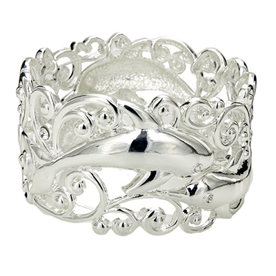 Wholesale polished Silver Metal Filigree dolphin Designs Stretch Band Bracelet L