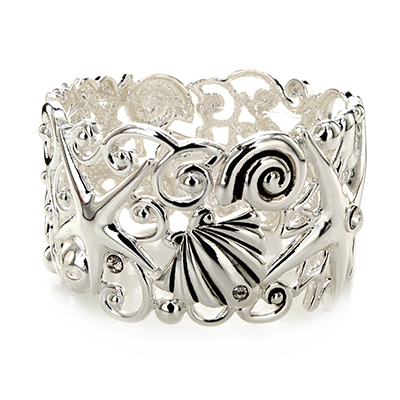 Wholesale polished Silver Metal Filigree Shell Sea Life Designs Stretch Band Bra
