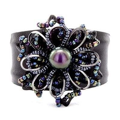 Wholesale blue Dark Smoke Beaded Flower Leather Strap Bracelet Wire Between Felt