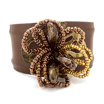 Wholesale bronze Gold Beaded Flower Leather Strap Bracelet Wire Between Felt Lea