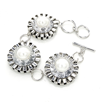 Wholesale white Glass Pearl Clear Faceted Base Polished Silver Designs Bracelet