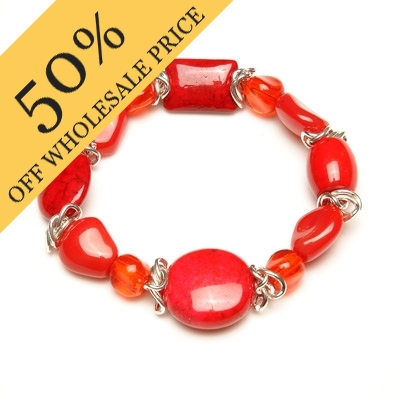 Wholesale genuine Semi Precious Stone Red Designs Polished Silver Accents Stretc
