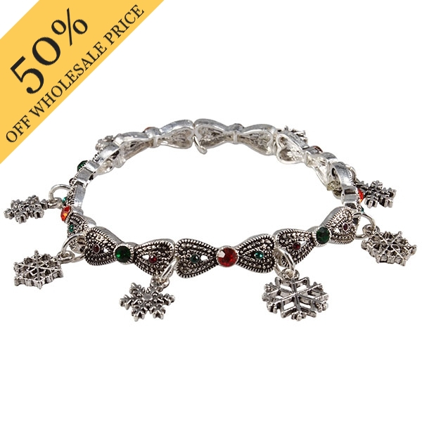 Wholesale polished silver bracelet bas relief bows alternating red green rhinest