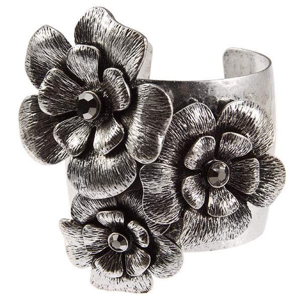 Wholesale hammered silver cuff bracelet attached large brushed silver flowers