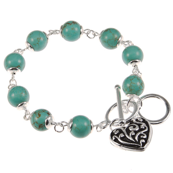 Wholesale silver chain bracelet turquoise beads bas relief fauna heart charm