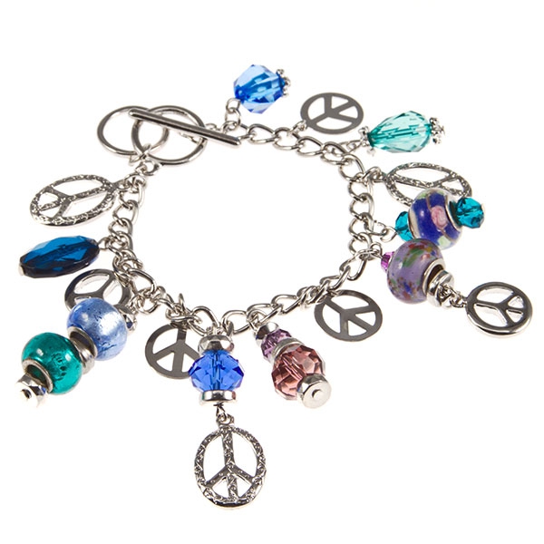 Wholesale silver charm bracelet peace symbols aqua blue beads